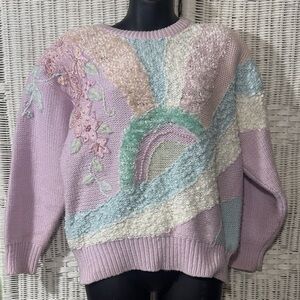 1980s Vintage Jaclyn Smith multi-Textured Sweater Grandma lavender green peach M